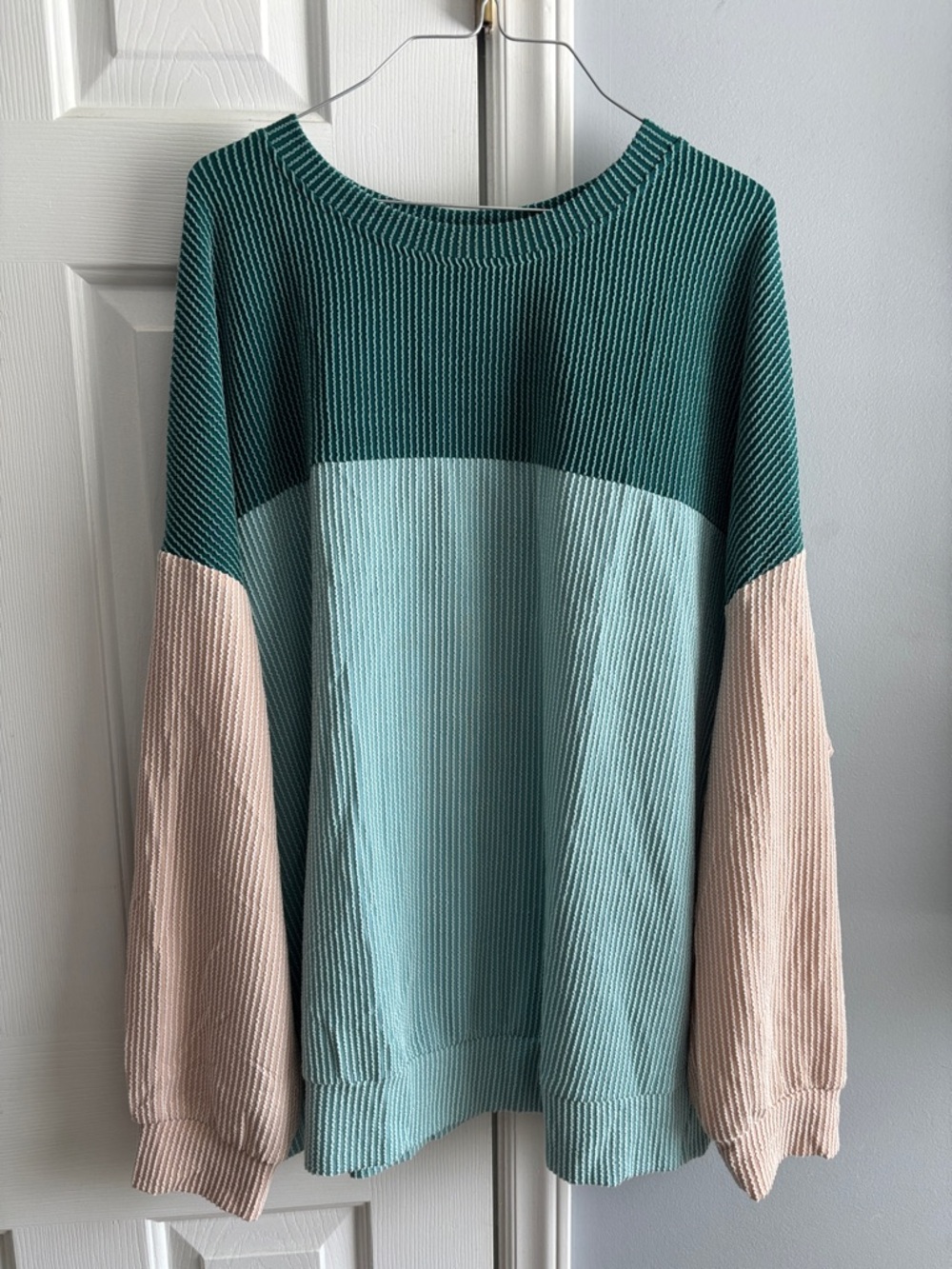 Colorblock Rib-Knit Sweater Top - Teal, Light Blue & Blush